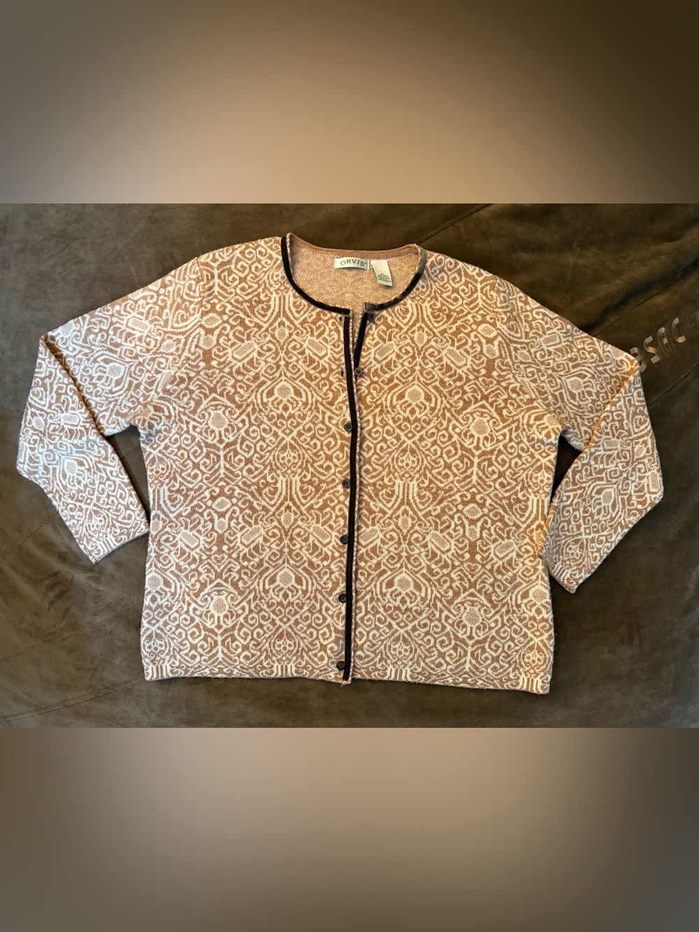 Orvis Tan & Cream Patterned Cardigan with Dark Trim wool blend